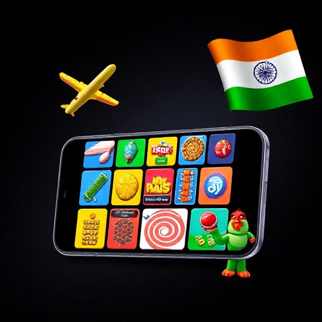 App landing hero image for Tiranga Game showing a smartphone with colorful game tiles (aviator, cricket, spin wheel, mines, limbo, vortex, chicken road) in Indian tricolor theme